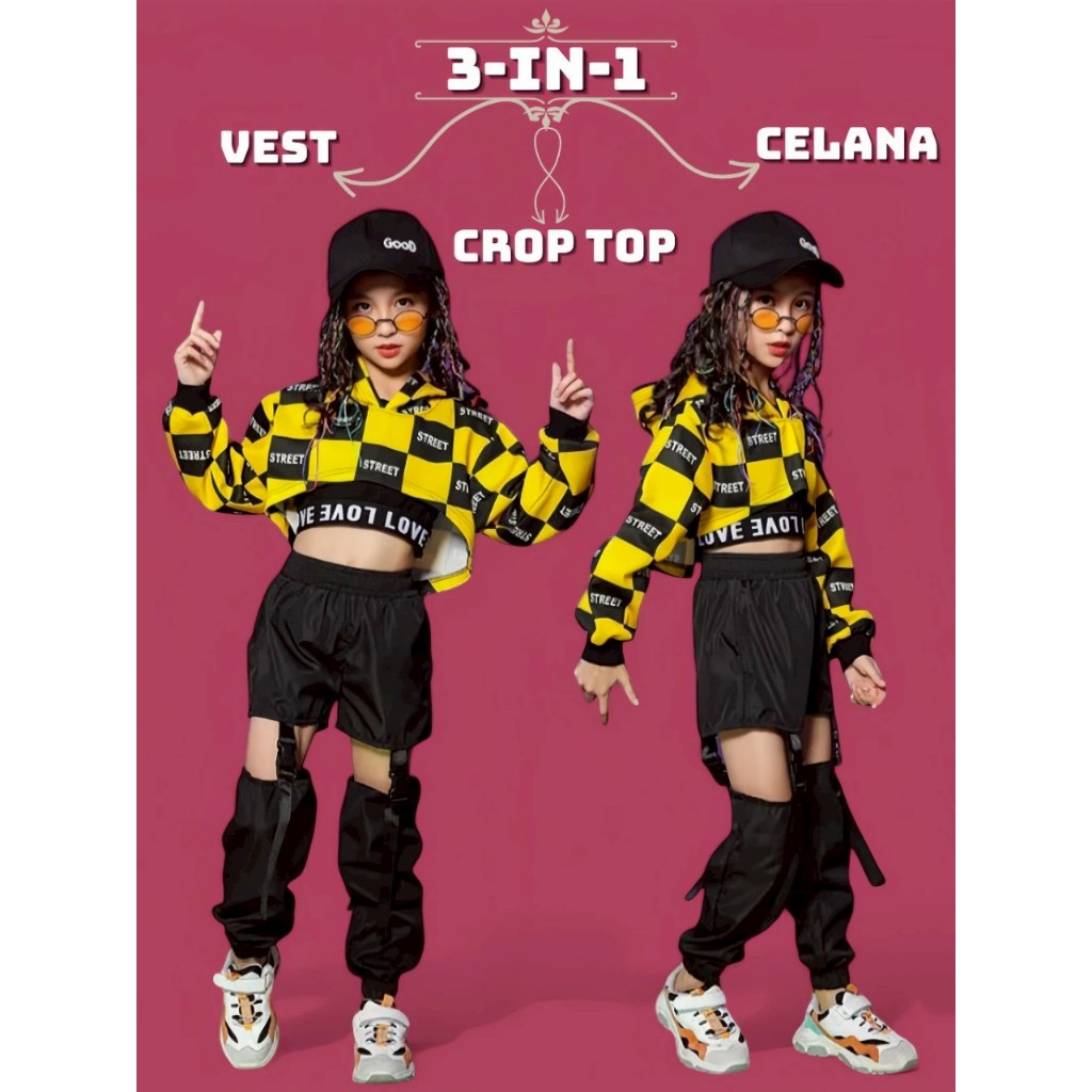 JIHYO SETELAN BAJU KOSTUM HIPHOP ANAK PEREMPUAN USIA 4-12 TAHUN 3 IN 1 KOREA STYLE / SETELAN BAJU DA