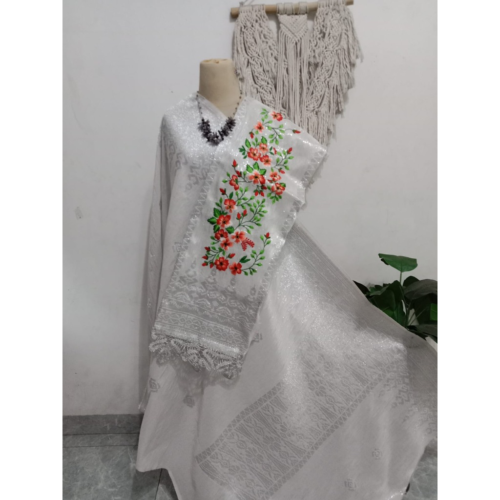 songket silungkang selendang sulam bunga putih merah