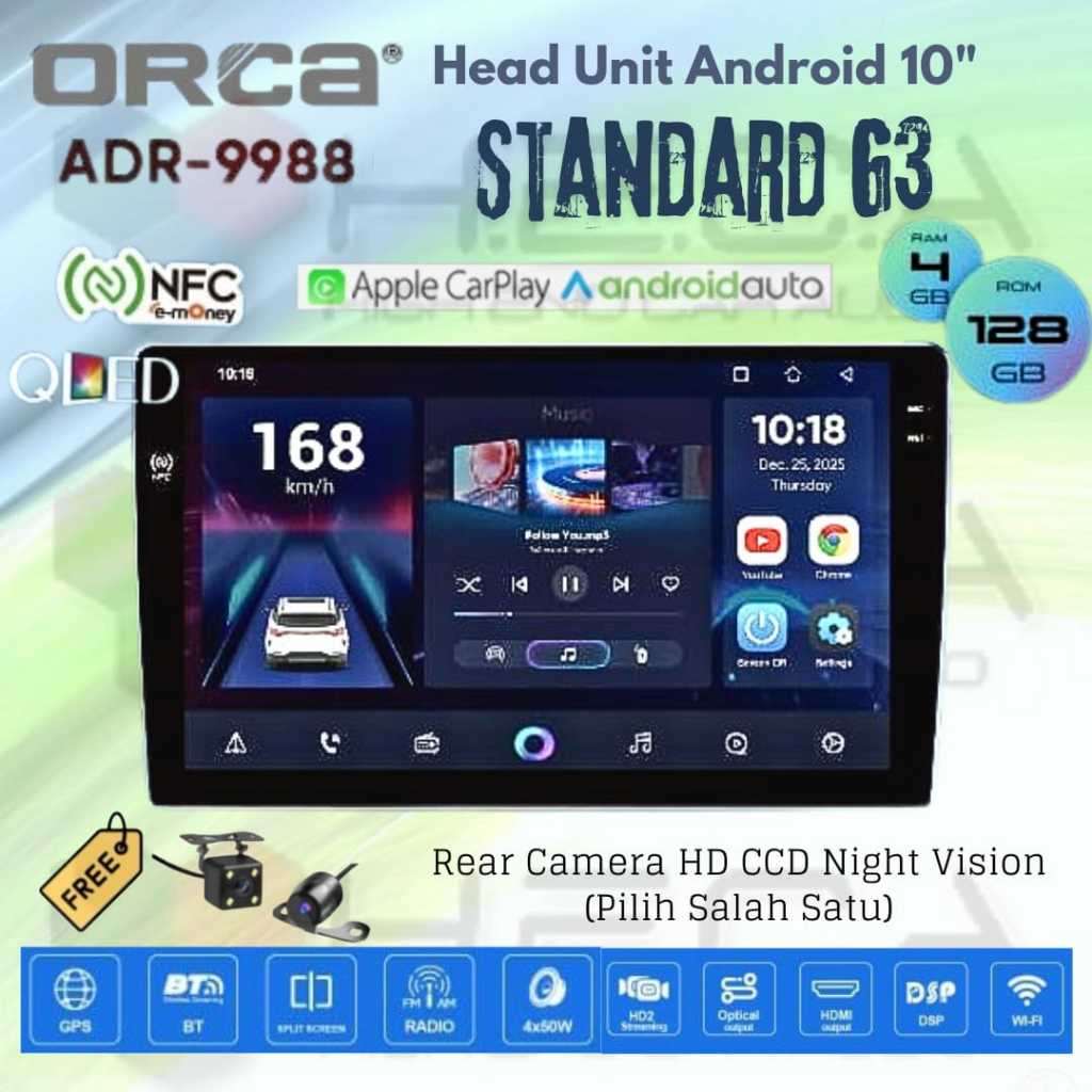 ORCA Standard G3 4/128 GB 10 inch Android NFC QLED ADR-9988 Head Unit Mobil Android 10" Tape TV + Ka