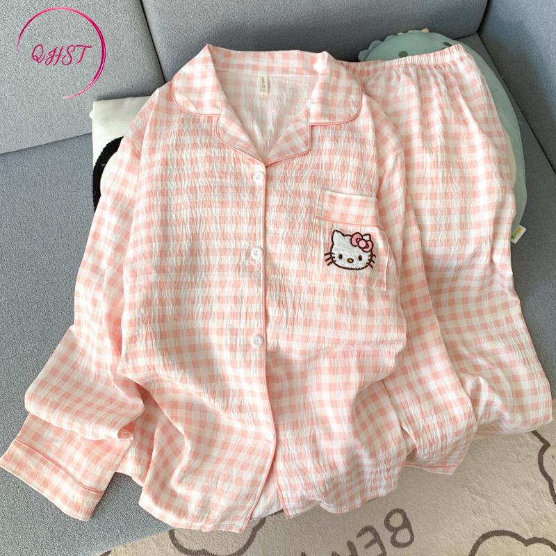QHST Piyama Set Wanita Satin Anak kucing merah muda Lengan Panjang Celana Panjang Baju Tidur Import