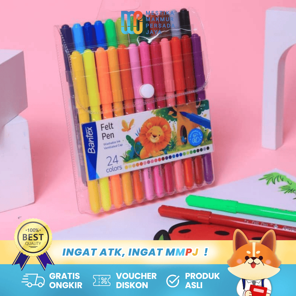 

Bantex Felt Pen Spidol Warna Warni - 24 Warna Cerah Bisa Dicuci BK3018