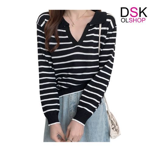 DSKMALL Baju Knitwear Sweater Crop Rajut Sweater Garis Bahan Rajut CropTop Lengan Panjang BJ1618