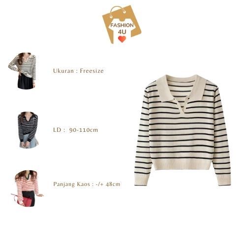 4U Baju Knitwear Sweater Crop Rajut Sweater Garis Bahan Rajut CropTop Lengan Panjang BJ1618