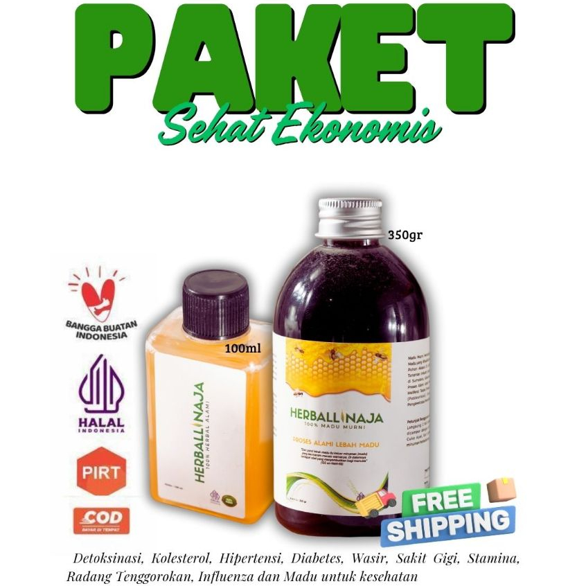 

paket sehat ekonomis herballinaja – madu 350 g + herbal 100 ml | halal, pirt