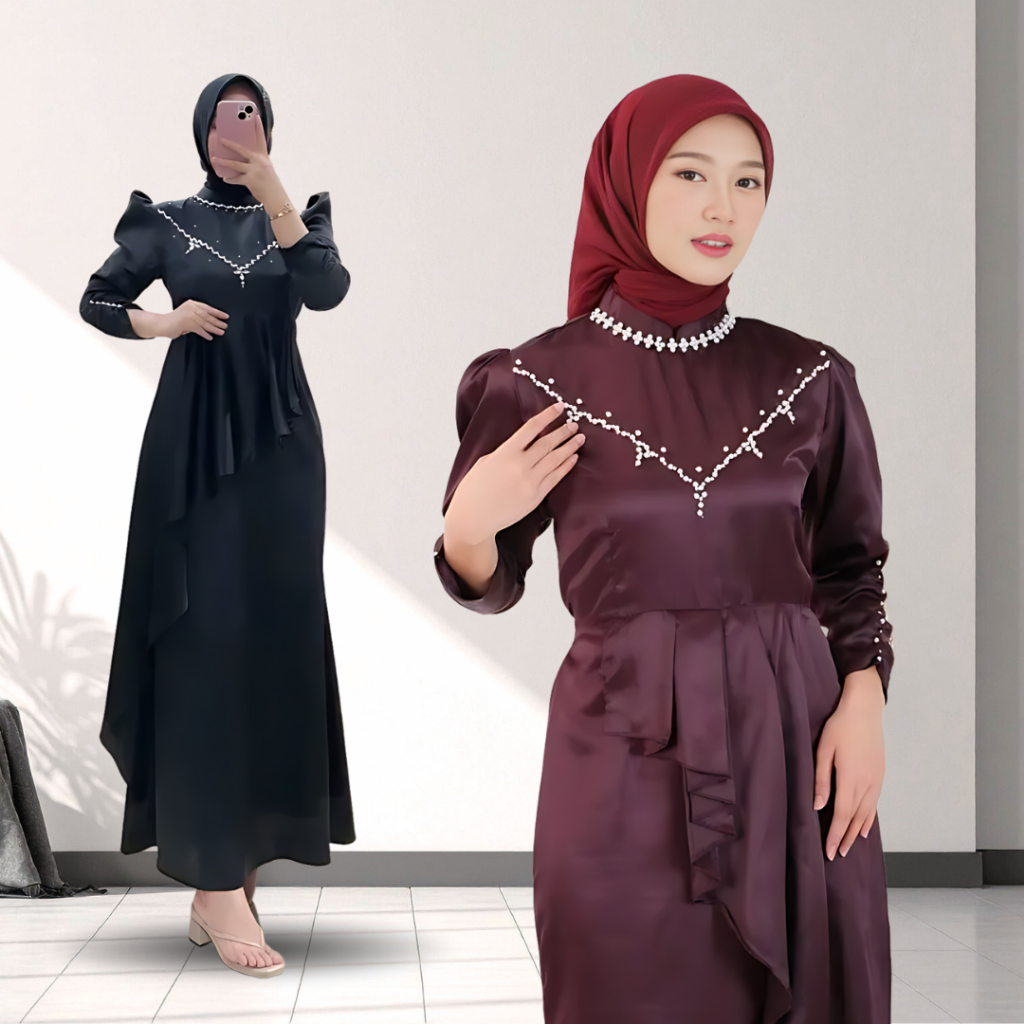 Seragam Nikahan Rashiqa Dress Wanita Kekinian Kondangan Payet Mutiara - Baju Pesta Mewah Elegan Kond