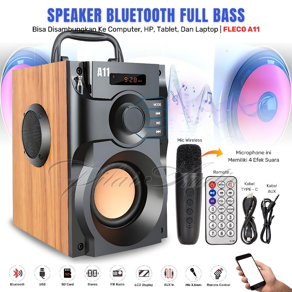 Speaker Bluetooth Super Bass FLECO A11 AB Free Mic Wireless | Speaker Full Bass Untuk TV, Laptop, Ko