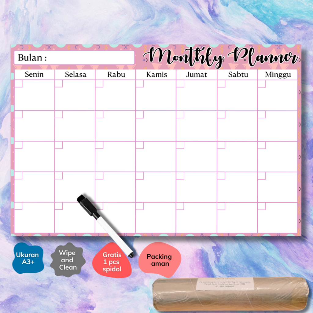 

Monthly Planner A3 + Bonus Spidol Wipe and Clean - Wall Planner Schedule Board
