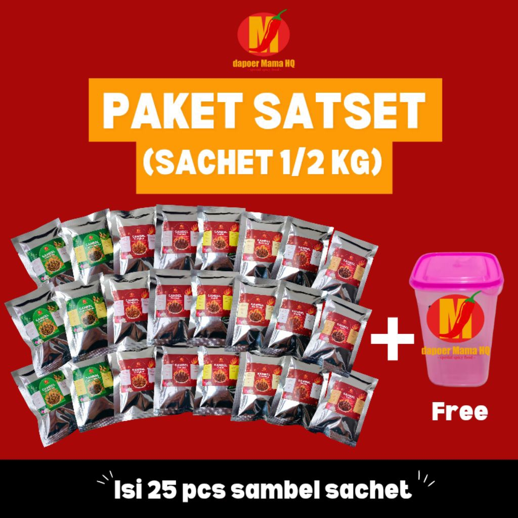 

dapoer Mama HQ ~ PAKET SATSET (Sambal Sachet Setengah Kilogram) isi 25 pcs free toples cantik
