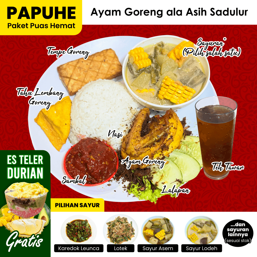 

PAPUHE Ayam Goreng Paket Puas Hemat Nasi Ayam Tahu Tempe Sayur Sambal Lalapan Teh | Paket Nasi Asih Sadulur