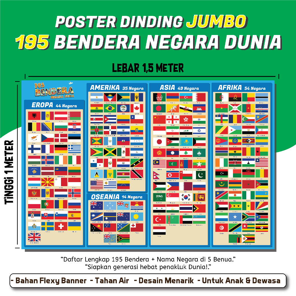 Poster Bendera Negara Dunia Jumbo 1x1,5 Meter / Hiasan Dinding Poster Edukasi Anak hingga Dewasa