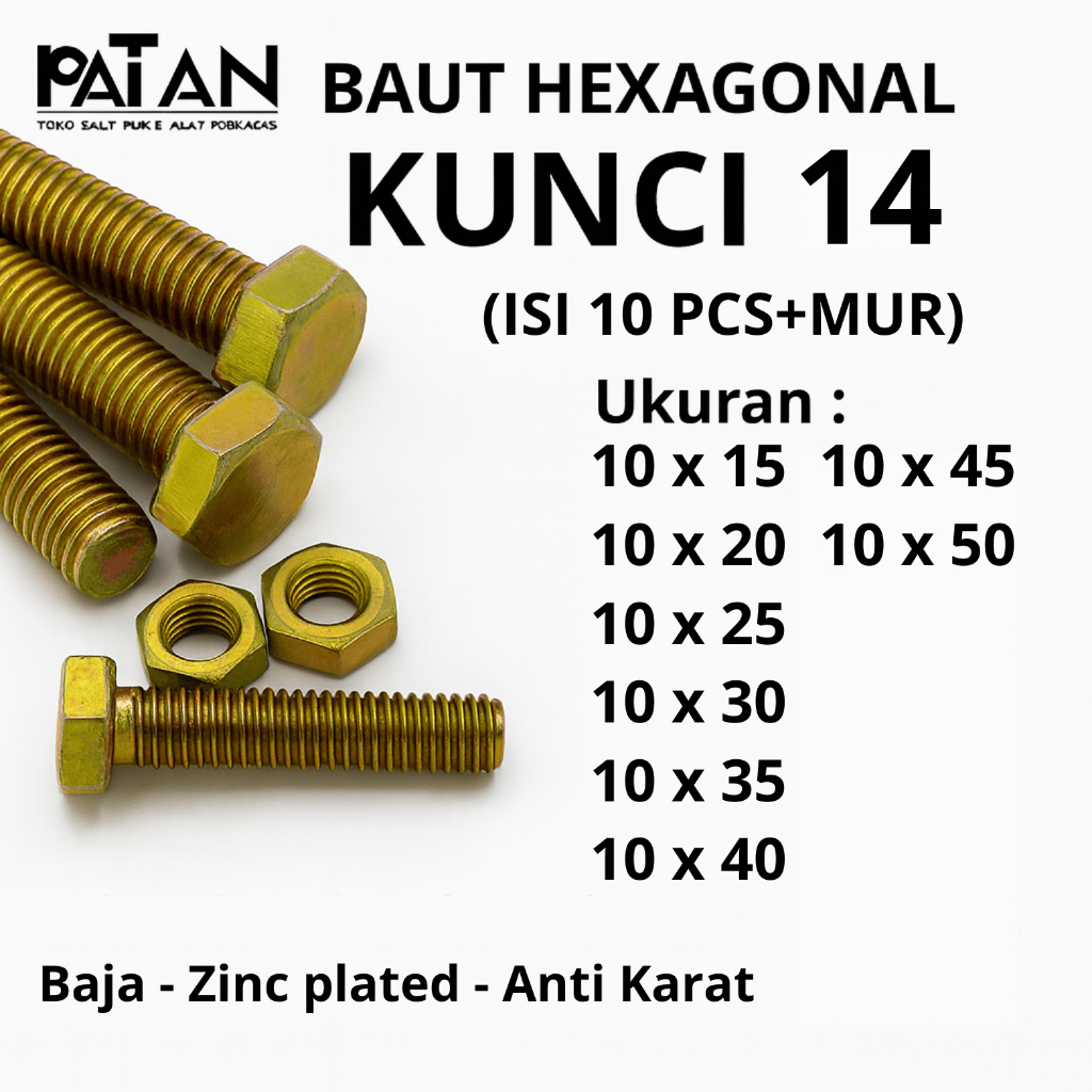 [Isi 10 Pcs] Baut Dan Mur Besi M10 (Panjang15-50) Kuning Kunci 14 Drat Pitch 1.25 -Baut Siku-Baut