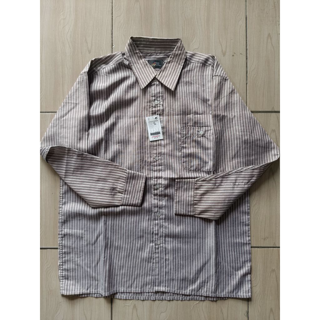Kemeja Merek Wind Face Motif Salur Bahan Katun Outdoor Warna Coklat Muda Abu Size L Lengan Panjang‎