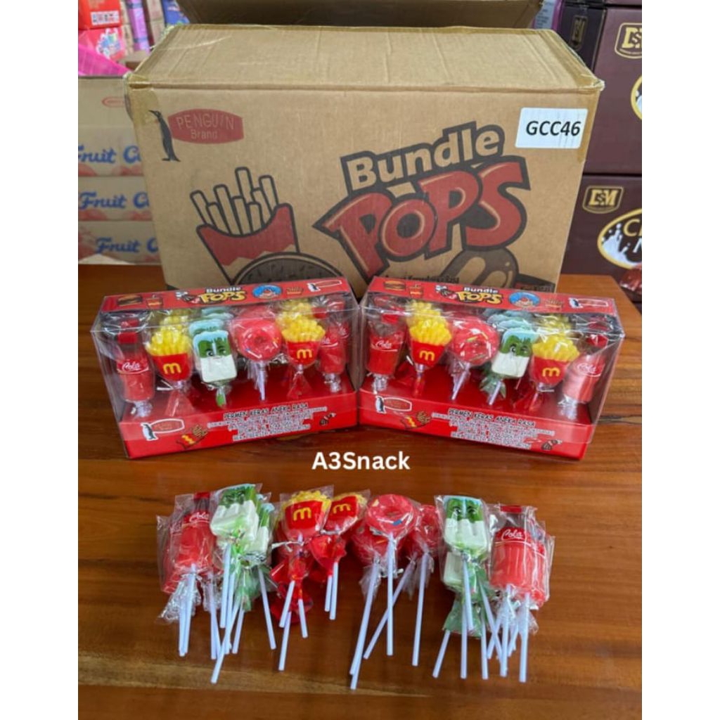 

Permen lollipop . Buddle pop aneka rasa buah bentuk kentang donat Coca-Cola aneka rasa buah 1 box isi 30 pcs