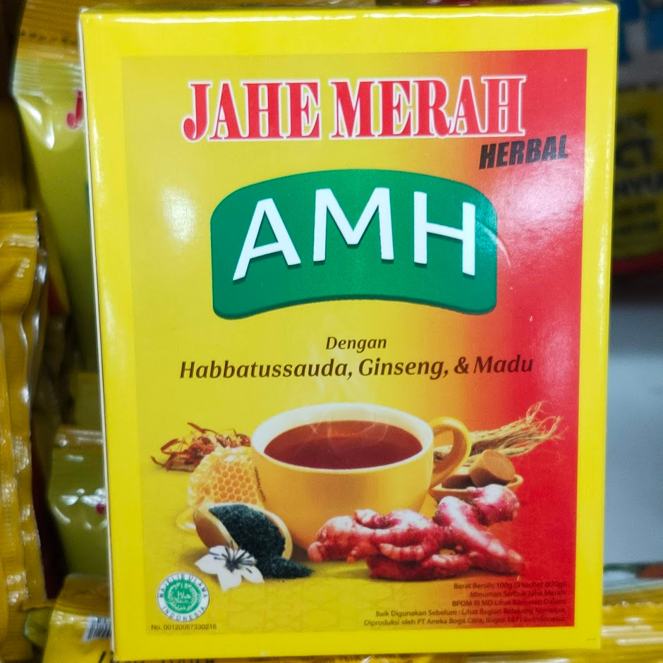 

AMH Jahe Merah Herbal 1box isi 5pcs dengan Habbatussauda, Ginseng & Madu