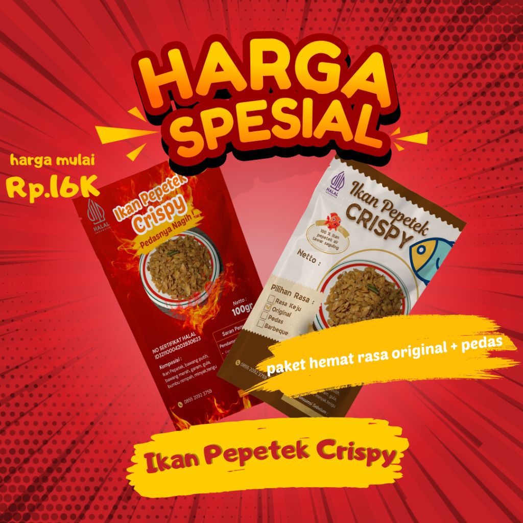 

Ikan Pepetek crispy Paket hemat original+pedas daun jeruk