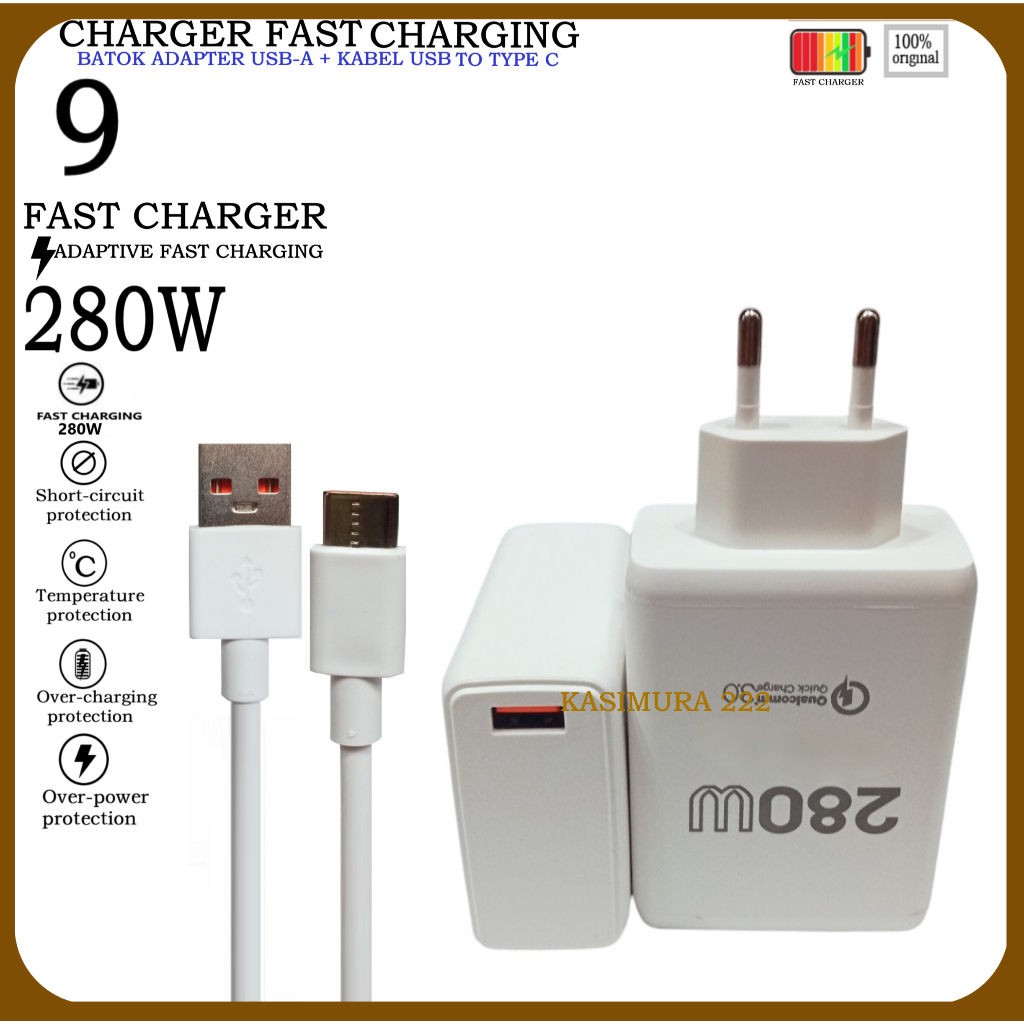 Charger 280W Untuk REDMl 9 For Android Fast Charging Batok Adapter+Kabel Type C/Micro Fast Charger