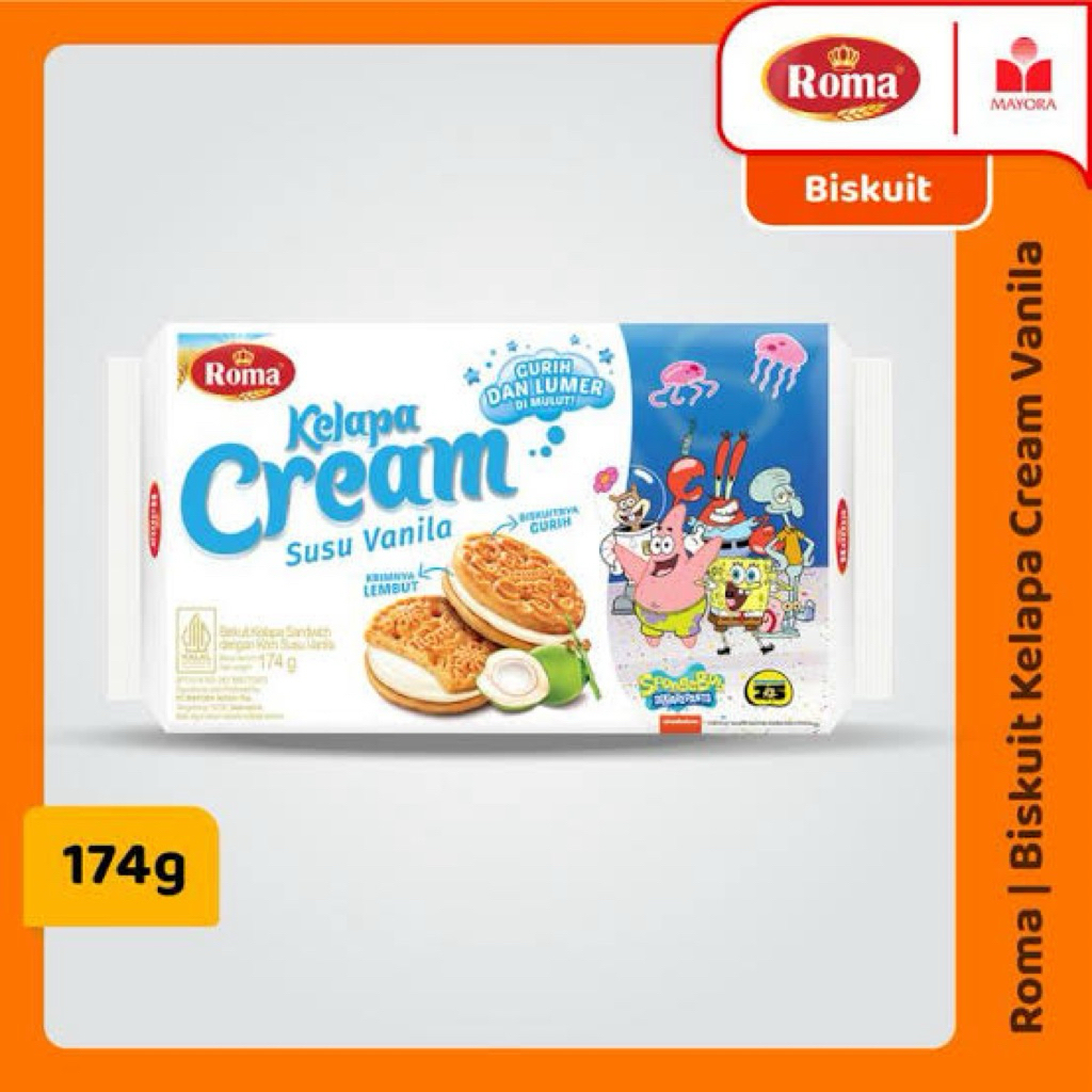 

ROMA KELAPA CREAM SUSU VANILLA [1 BUNGKUS @174G] | ROMA BISKUIT KELAPA SANDWICH DENGAN KRIM SUSU VANILLA | ROMA KELAPA CREAM SUSU VANILA SPONGEBOB