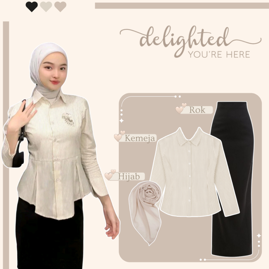 Outfit Simple Elegant ( Kemeja Stripe + Rok Span + Hijab ) One Set Setelan Wanita Kekinian - MM68N