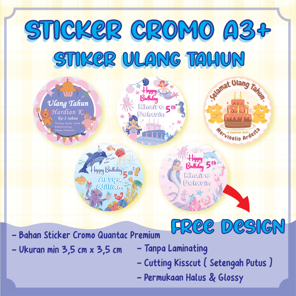 

Cetak Stiker Cromo Bulat Logo Label Ulang Tahun Happy Birthday Custom Chromo A3+ Print Sticker