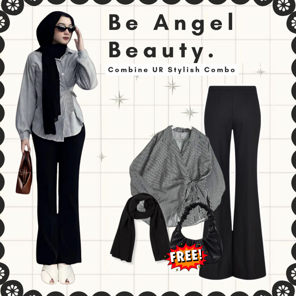 Setelan Outfit Wanita Kekinian – (Zeta Blouse Salur, Celana Cutbray, Pasmina) One Set Kuliah – FE30