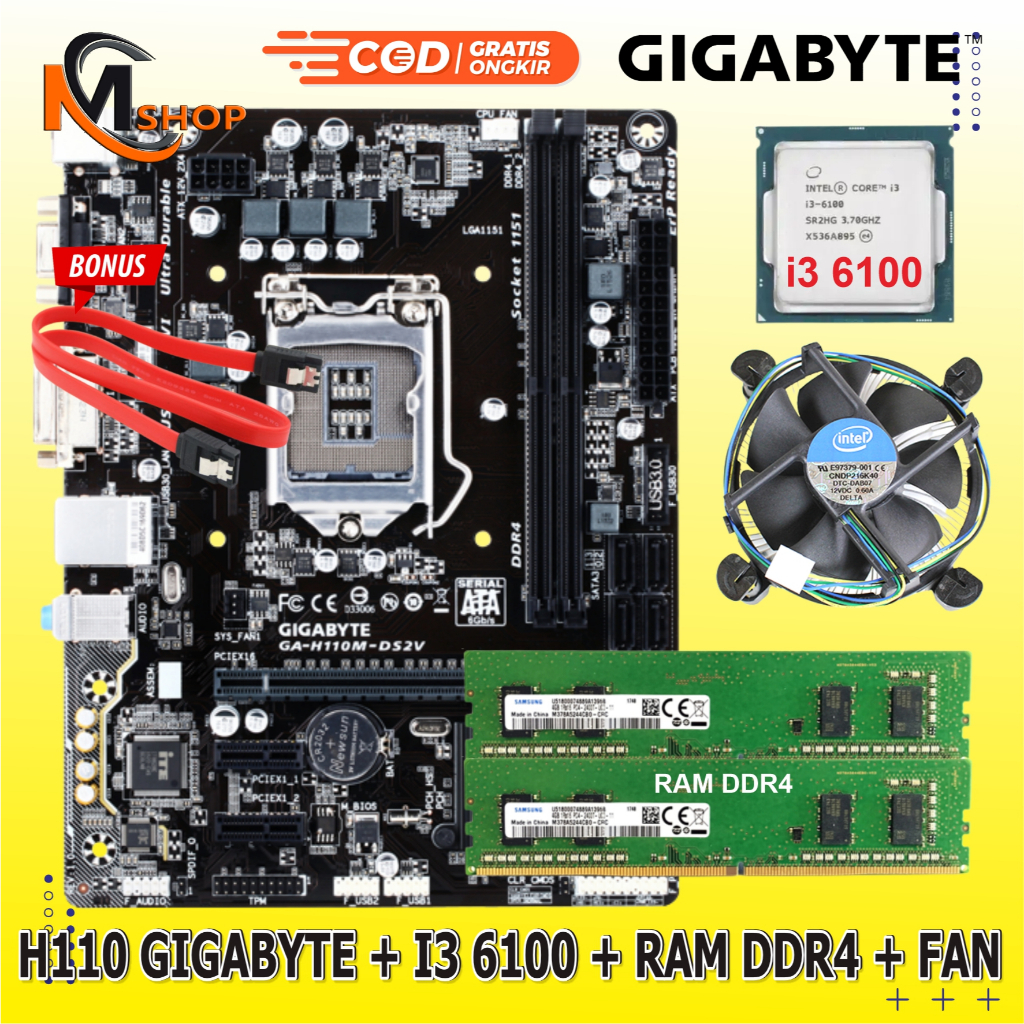 Paket Mainboard Motherboard Mobo H110 LGA 1151 + Processor Core i3 6100 + RAM DDR4 + Fan