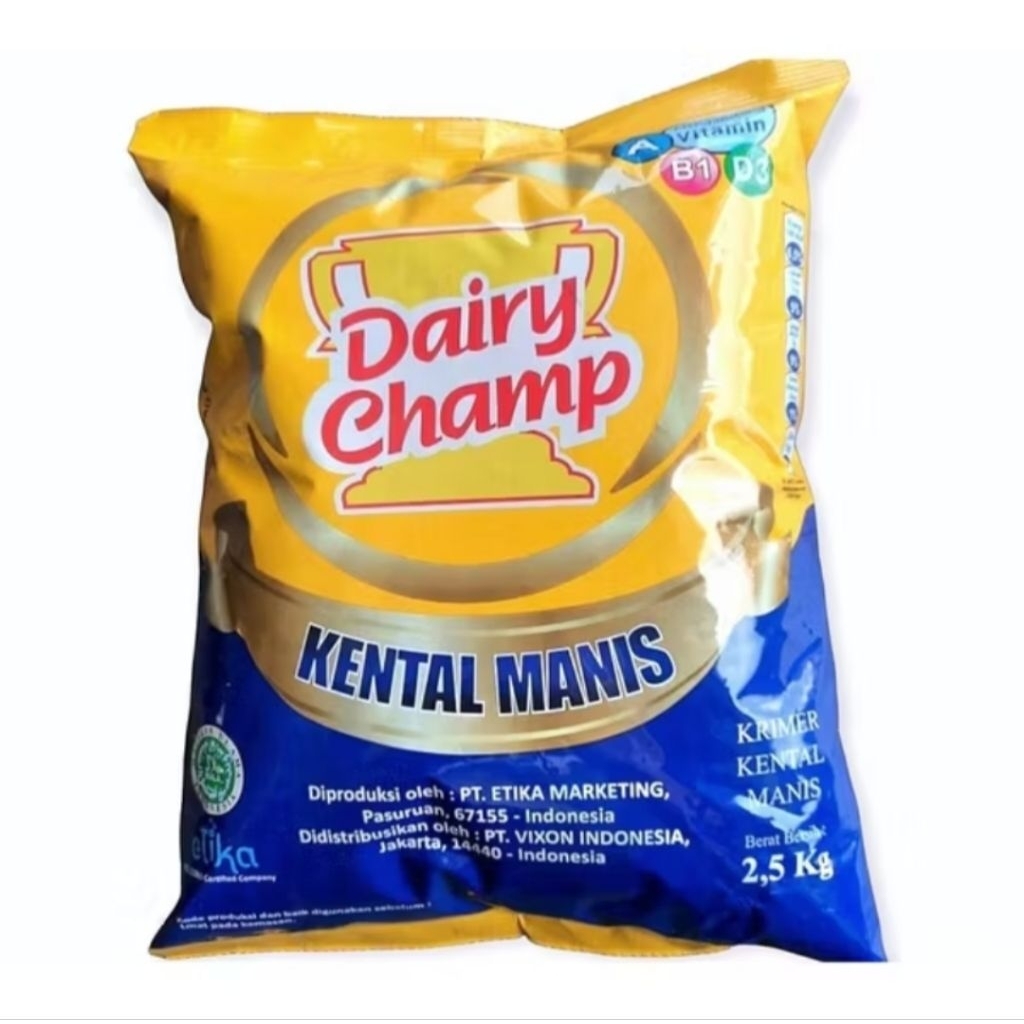 

SUSU KENTAL MANIS DAIRY CHAMP KEMASAN BANTAL UKURAN 2,5 KG