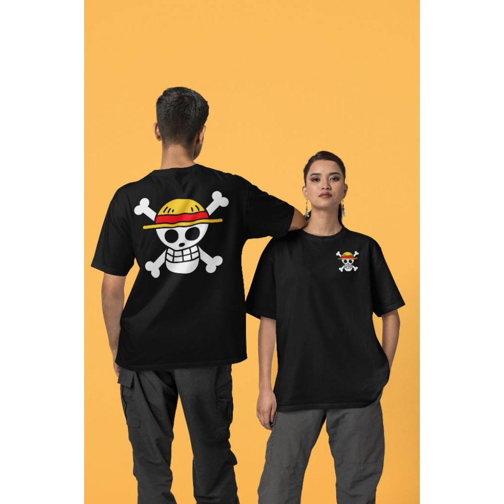 Kaos One Piece Luffy Jolly Roger | Kaos Anime Jepang Oversize Unisex | Baju Bajak Laut Topi Jerami