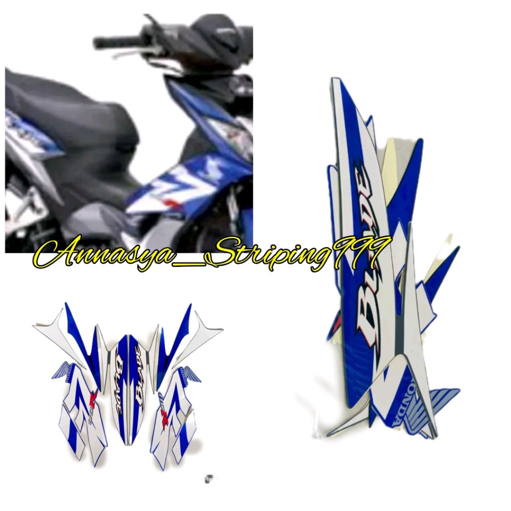 Stiker Striping List Body Motor Honda Blade 110 R 2009 Biru list Putih Fullseat Berkualitas