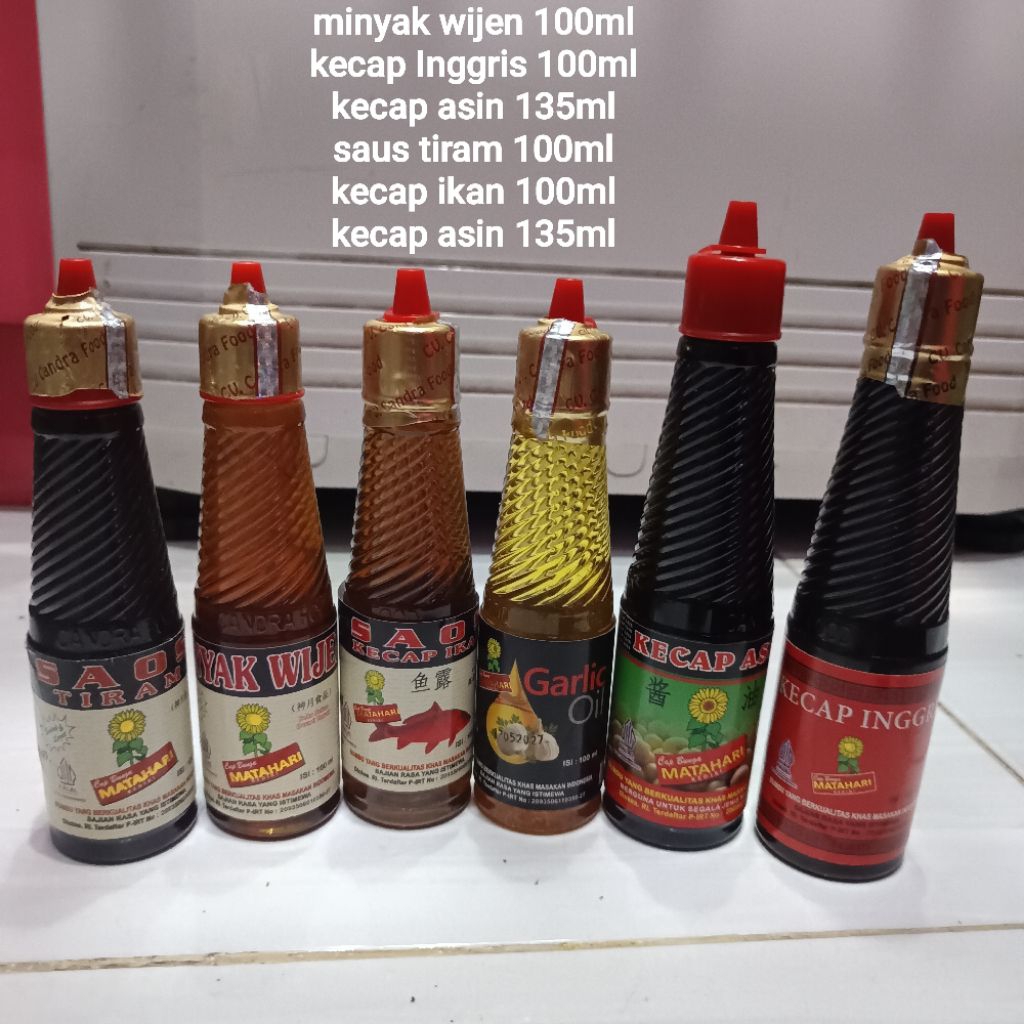 

(MURAH) minyak wijen 100ml saus kecap ikan 100ml garlic 100ml kecapasin 135ml tiram 100ml kecap Inggris 135ml bahan masakan dan tumisan halal