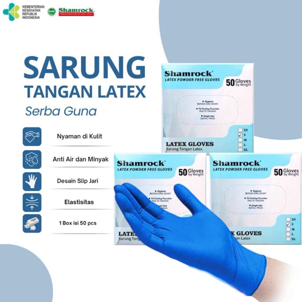 SHAMROCK Sarung Tangan Medis Karet Latex Non Powder isi 50 pcs  Sarung Tangan Karet Karet Tebal Ster