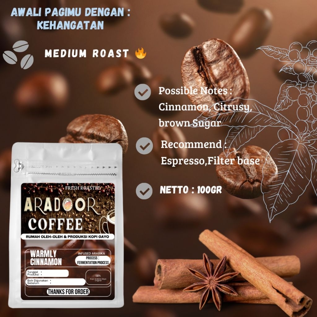 

Kopi Gayo Warmly Cinnamon Semi Wash Infused Arabika Gayo Biji/Roasted Bean and Powder 100gr
