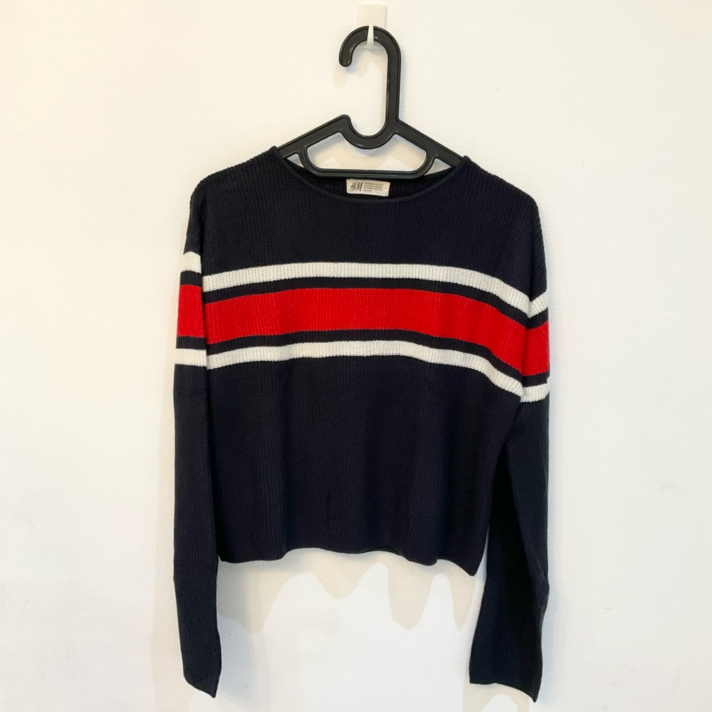 H&M HnM Sweater Sweatshirt Pakaian Wanita Rajut Lengan Panjang Navy Stripe Original