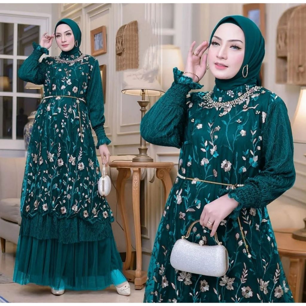 Gamis Kondangan Simple Elegan Aira Dres Bahan Brokat Tille Bordir + Dalaman Furing Hyget Dan Cantily