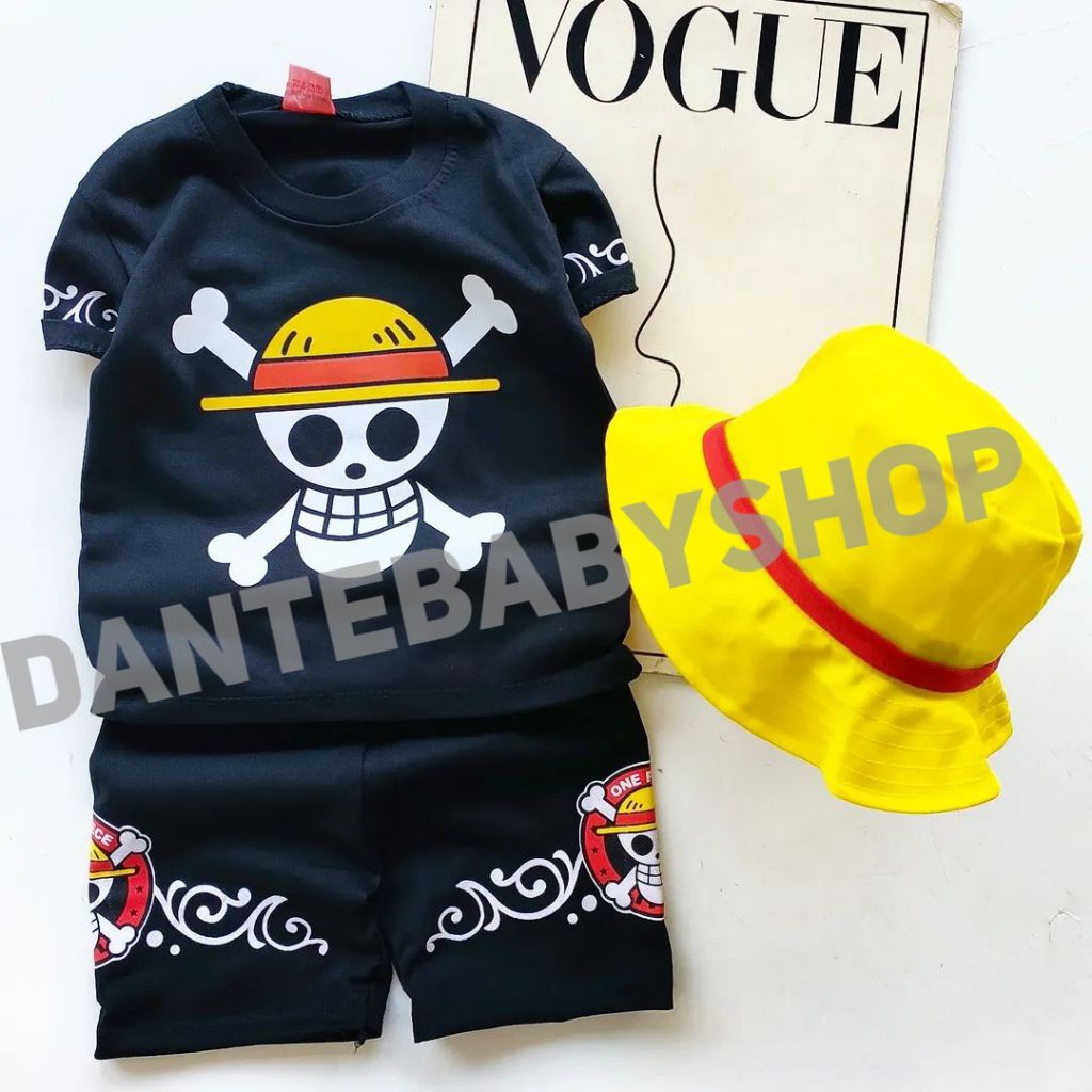 BAJU ANAK ONEPIECE KEREN SETELAN LUFI SI MANUSIA KARET BAHAN BAGUS BISA PAKAI TOPI UNTUK UMUR 1-2TAH