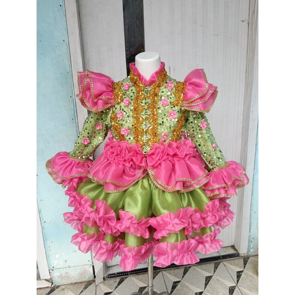 gaun mayoret TK sage/pink lengkap sepatu ready(33)