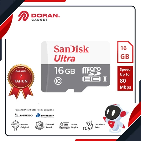 SanDisk Memory Card Micro SD Ultra 16GB Class 10 Speed 80MBps Non Adaptor - Original Garansi Resmi