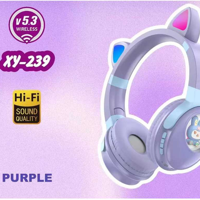 XY239 Headset Bluetooth Anak Earphone Wireless Karakter Lucu Telinga Kucing LED HiFi Sound Mic