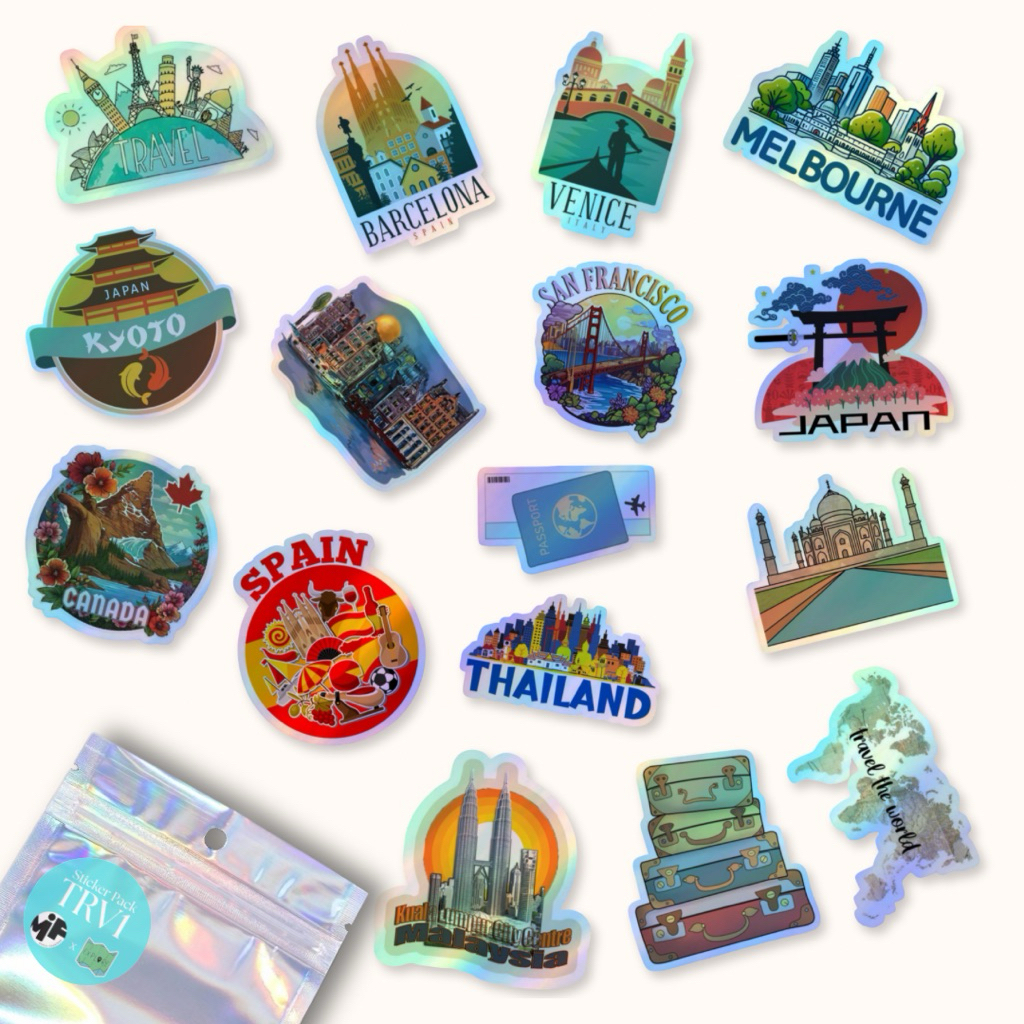 

[1 Pack] Sticker Hologram Travleing Premium Laminasi , Stiker Hologram Traveling Negara Aesthetic Isi Banyak Dekorasi Laptop Tumblr Gitar