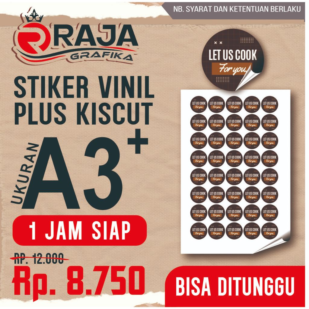 

STIKER LABEL VINIL(TAHAN AIR) KISSCUT (POTONG GANTUNG) KEMASAN A3+
