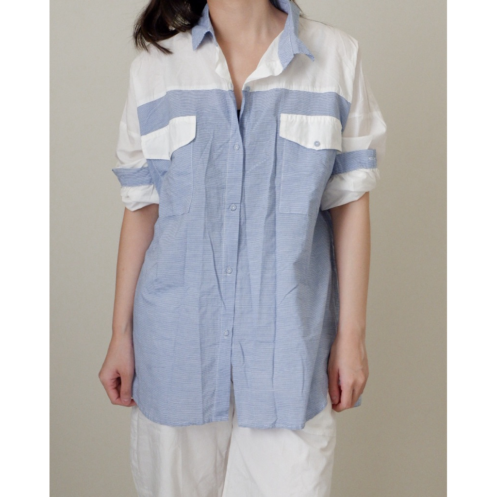 NEW BARU Oversized Collar Stripes Shirt Kemeja Casual Oversize Biru Garis