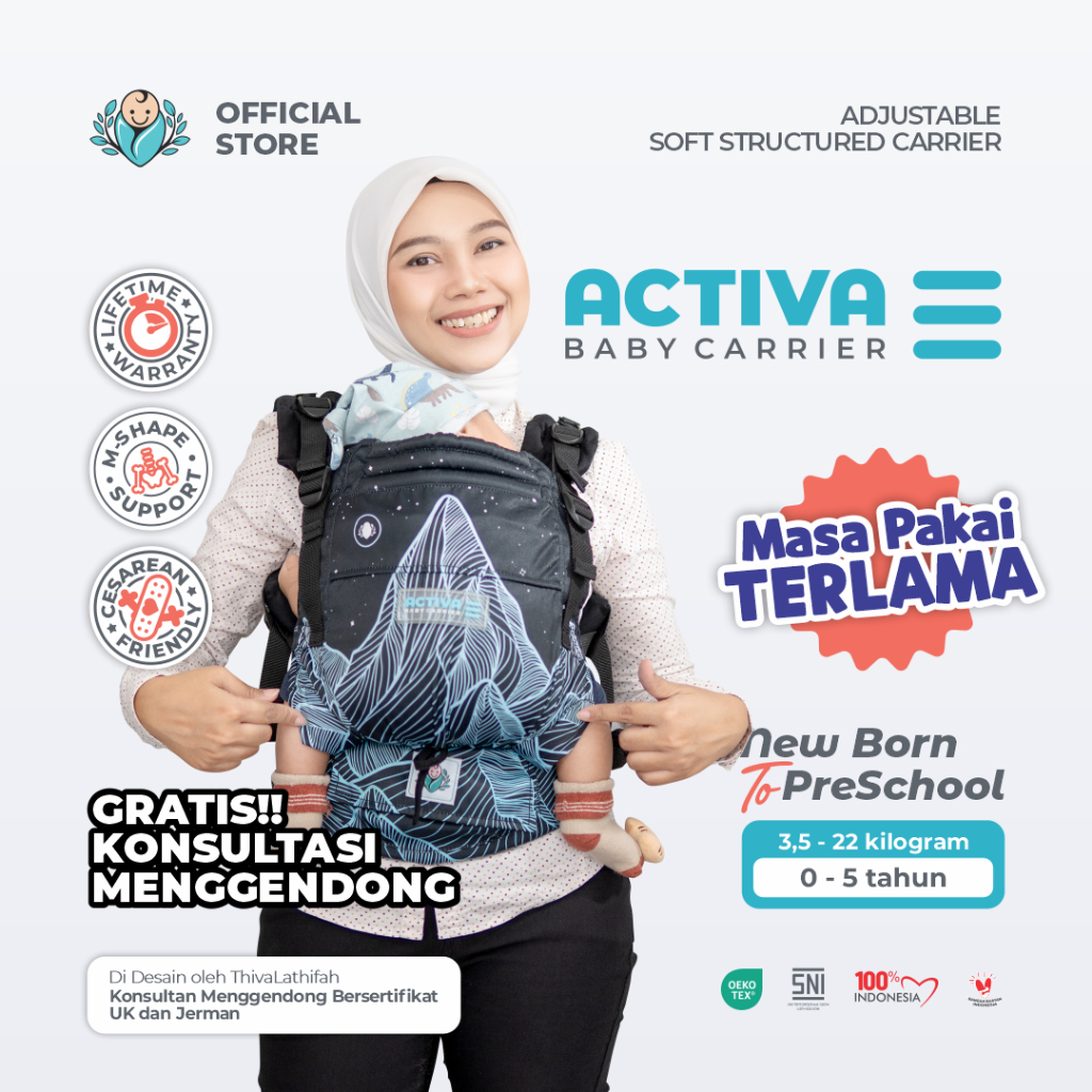 BAYIKU.ID Activa Mark 3 Mark III Gendongan M-Shape SSC Adjustable Newborn-5Tahun Activa Baby Carrier