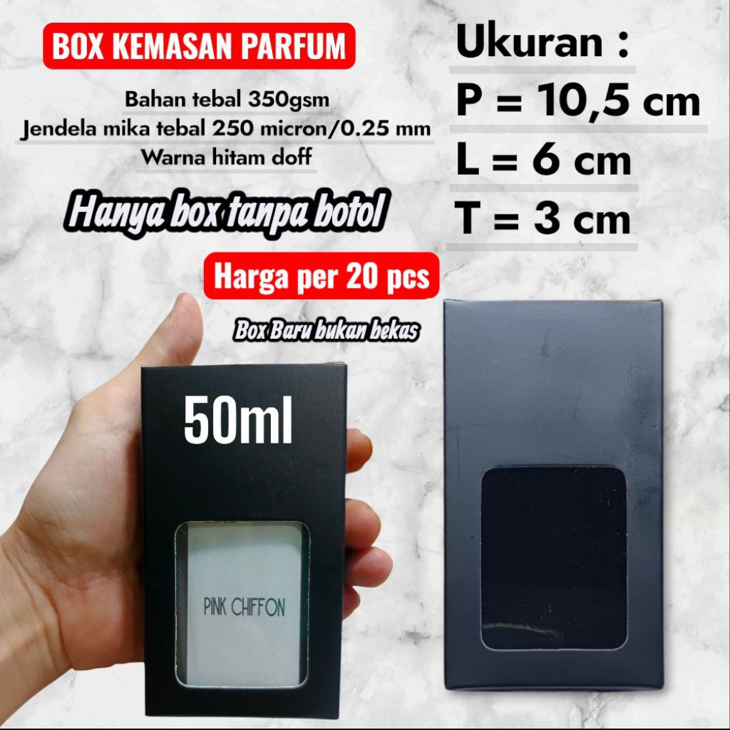

BOX PARFUM KOTAK 50ML (10,5cm x 6cm x 3cm) DYPTIKE-30ML, INOKU - 20 Pcs