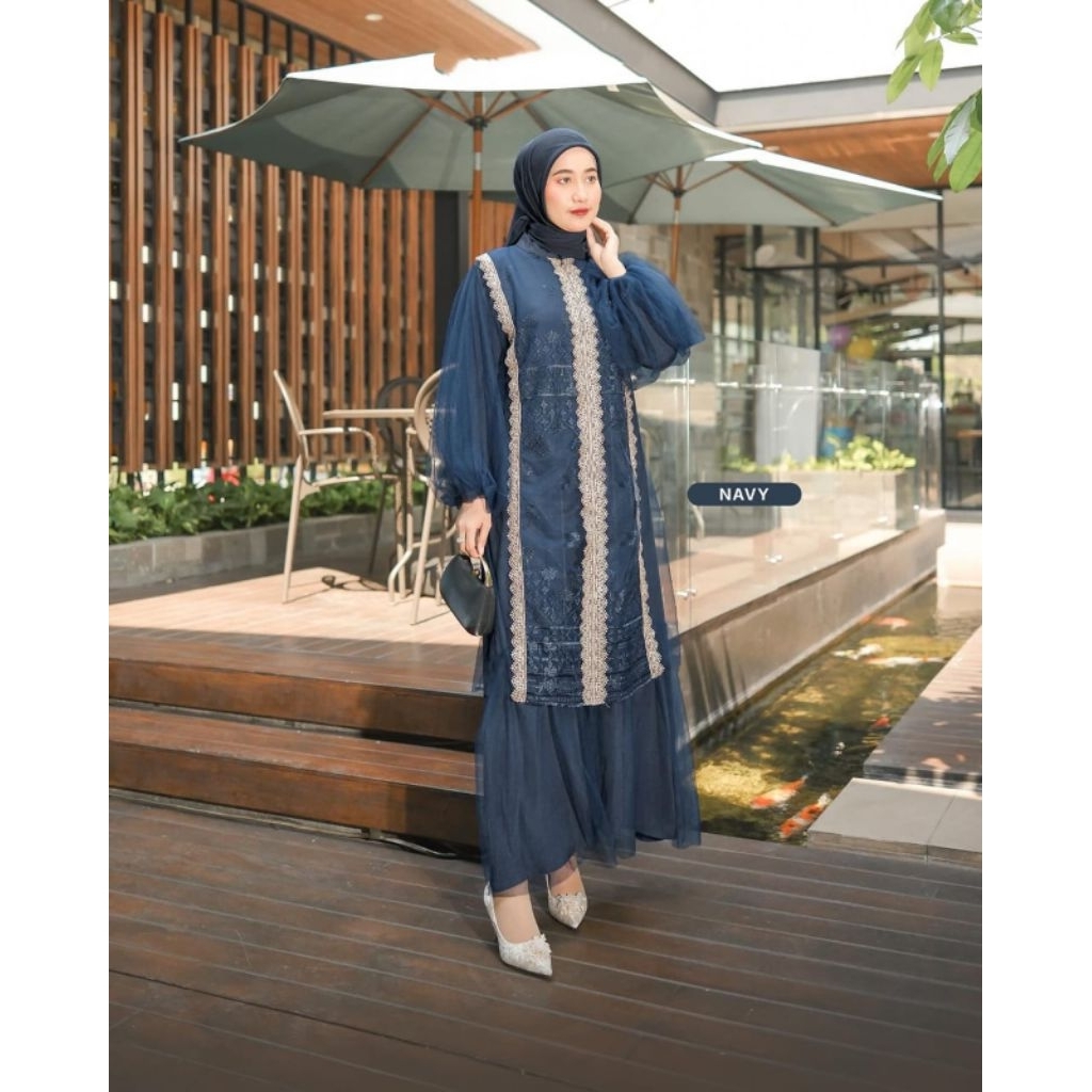 Adeena dress kondangan remaja terbaru bahan ceruty babydoll full furing mix burkat renda ziper depan