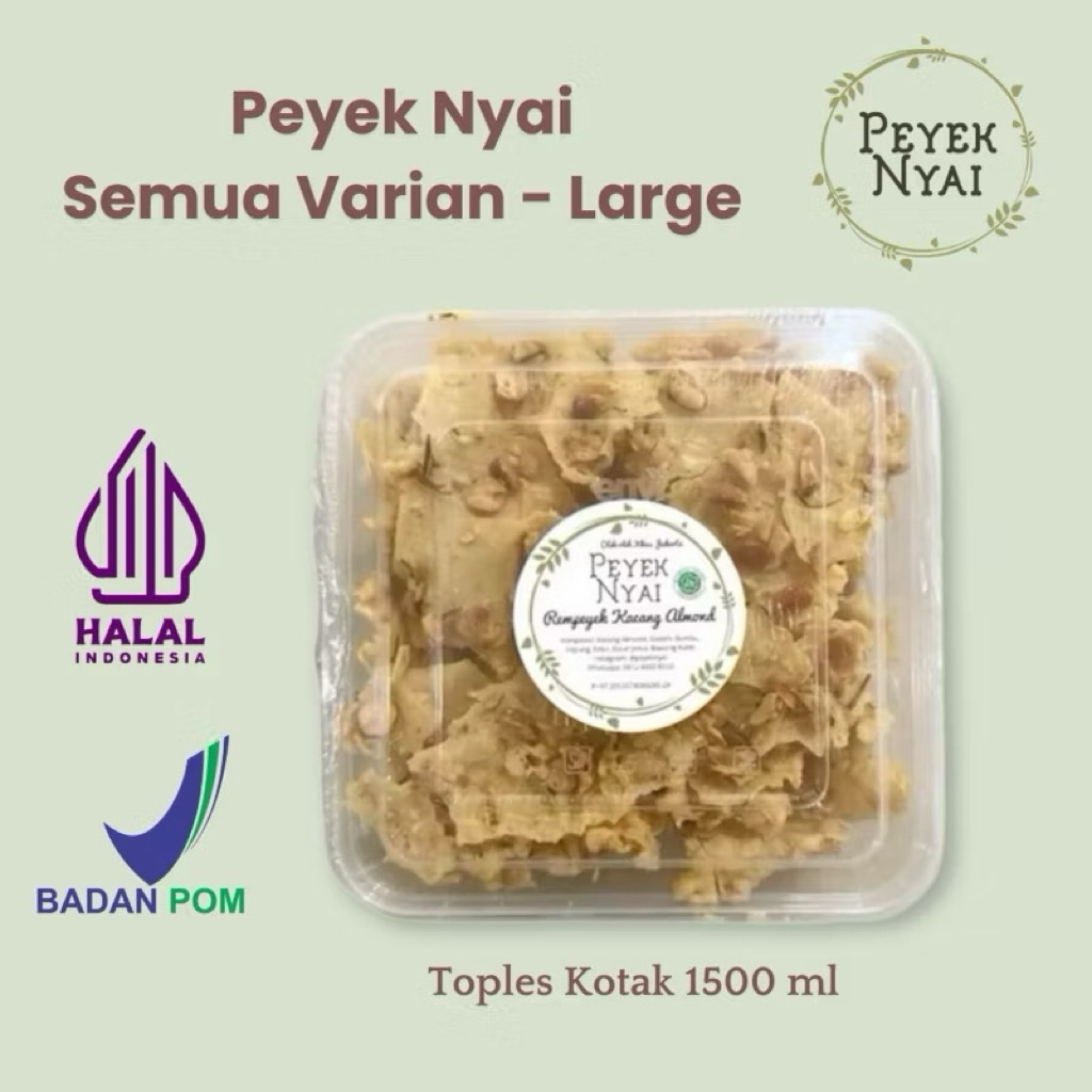 

Peyek Nyai - Rempeyek Semua Varian (Large/Toples 1500 ml/Toples Kotak) | Peyek Kacang | Peyek Teri Medan | Peyek Udang | Peyek Cabai | Peyek Kacang Hijau | Peyek Kedelai Hitam | Peyek Almond | Peyek Kacang Mede