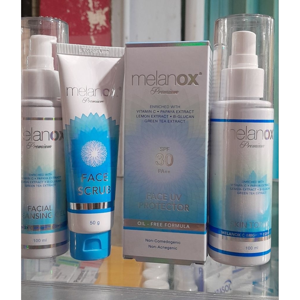 paket melanox skin toner , melanox cleansing gel , melanox face scrub , melanox uv protector