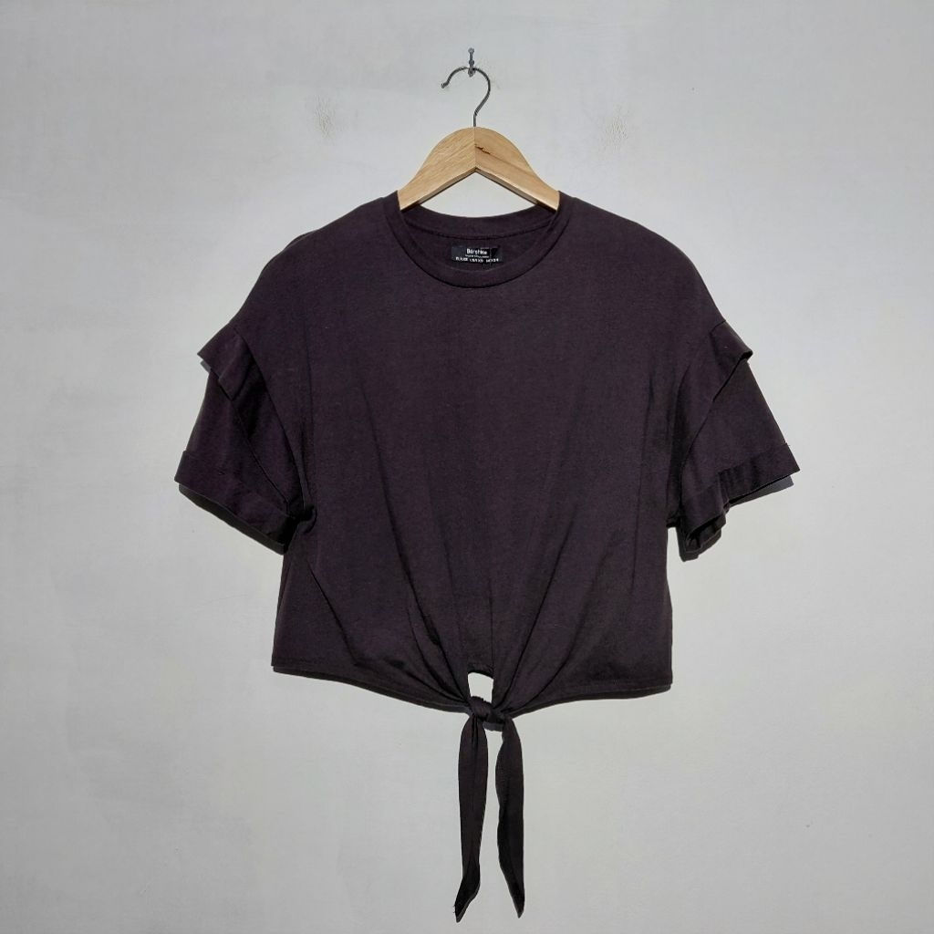 BERSHKA KAOS CROP TSHIRT KNOT HITAM BARU ASLI ORIGINAL