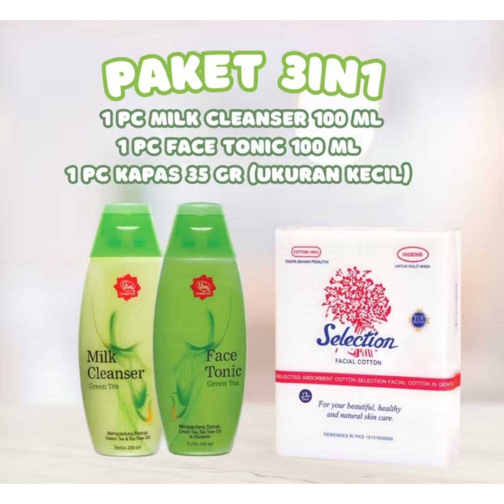 BUNDLING 3in1 VIVA Milk Cleanser + Face Tonic + Kapas 35gr (KECIL)