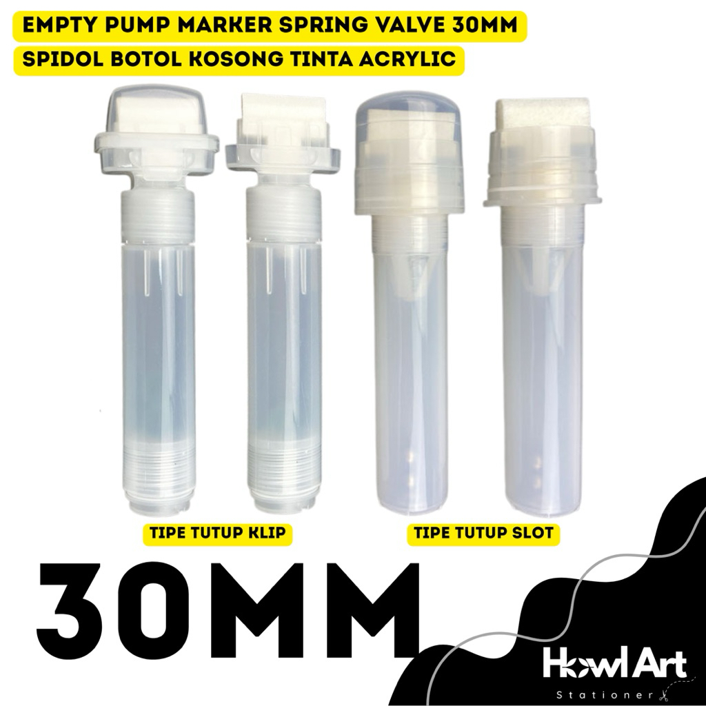 

Spidol Kosong 30mm Empty Pump Marker Nib Datar Spring Valve Botol Isi Ulang Acrylic Ink