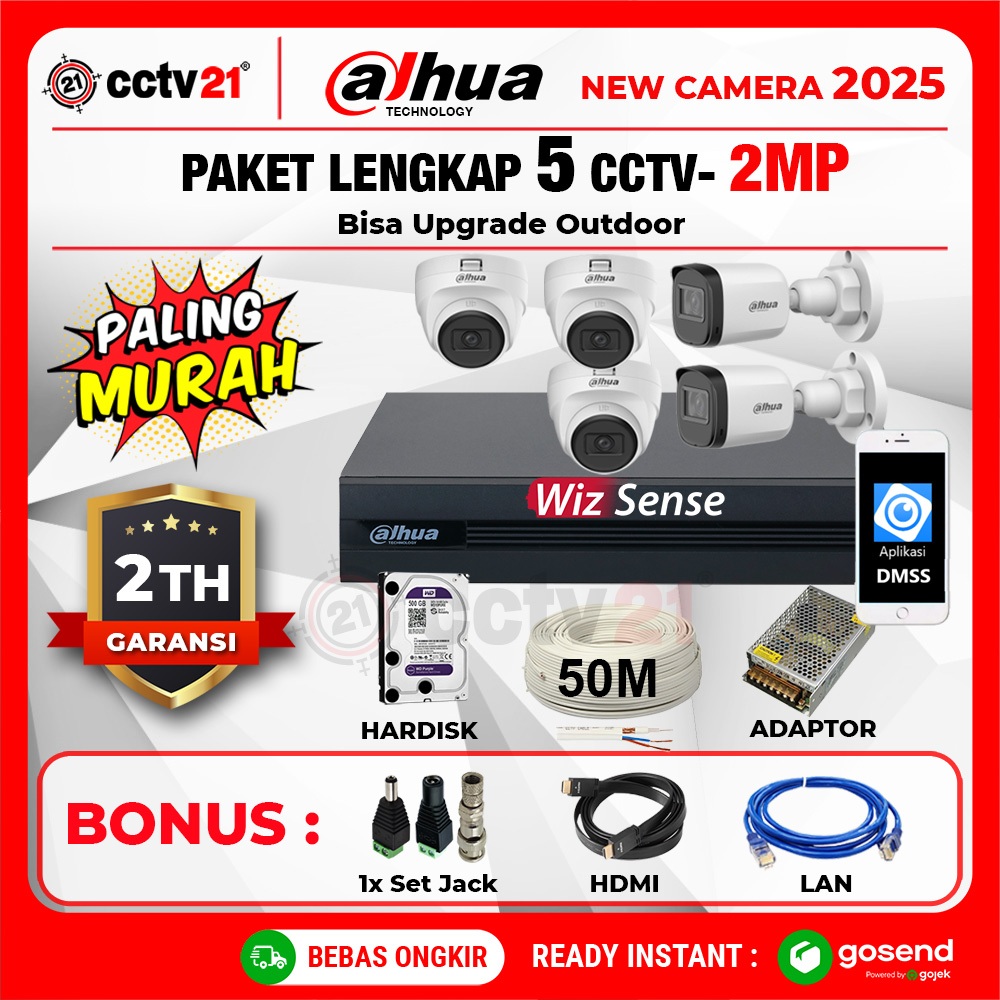 Paket Lengkap cctv DAHUA 5 kamera 2MP 1080p DVR 8 Channel Komplit Tinggal Pasang