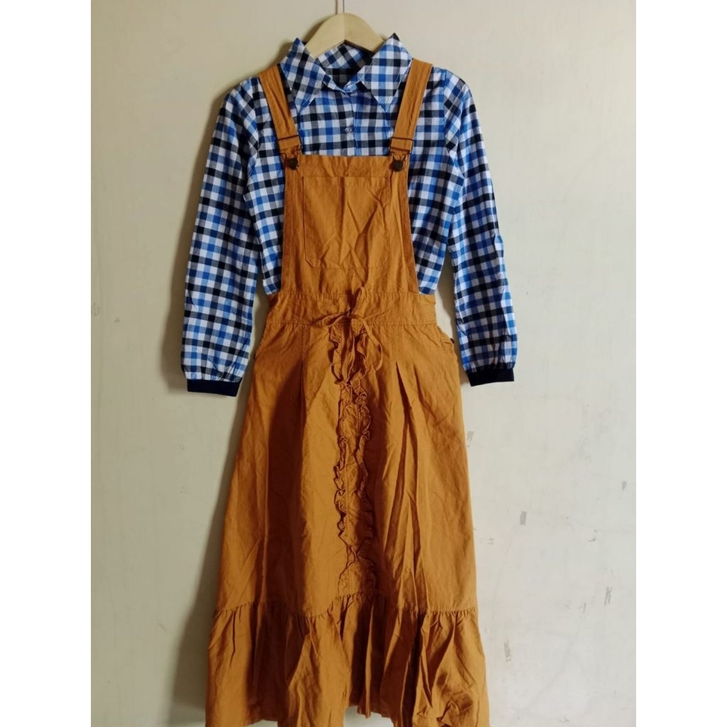 DRESS WANITA PANJANG GAMIS 2 IN 1 OVERALL JUMPSUIT TEBAL KUNING MUSTARD MIX KEMEJA KOTAK BIRU